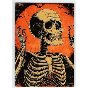 Vintage Halloween Skeleton Postcard Orange Moon Photochrome 5.5x4"